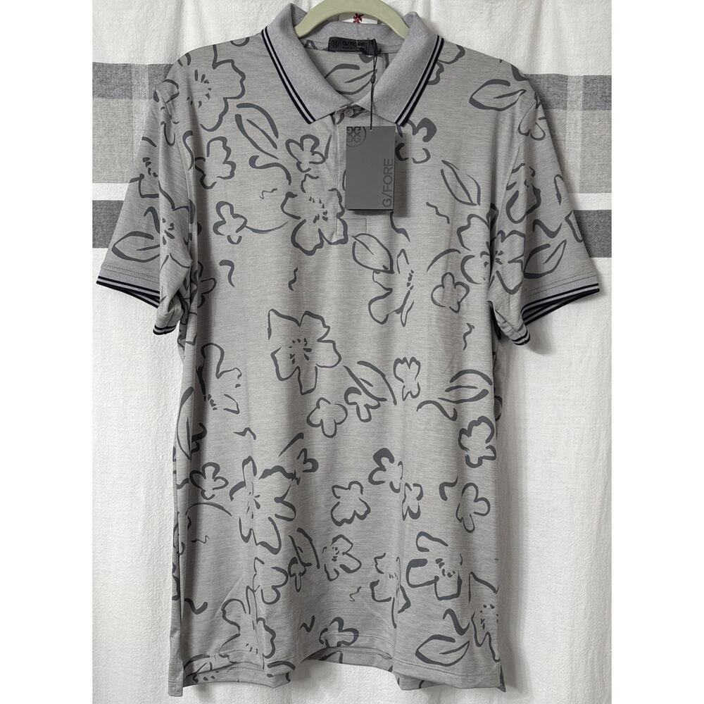 NWT G/FORE G4 Men’s Large Floral Botanical AOP Golf Polo Shirt Grey Tech Jersey